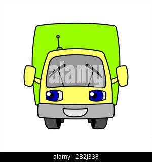 Un'Automobile Sorridente Del Contenitore Con Un'Antenna. Cartone Animato Piccolo Camion. Illustrazione Di Contour Vector Su Sfondo Bianco. Personaggio Divertente Per I Bambini. L'Auto - Illustrazione Vettoriale