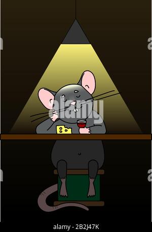 Un Rat Si Trova In Un Bar, Bevande Vino, Mangia Formaggio. Ratto Dietro Il Bar. Carino Carattere Cartoon. Il Mouse Si Trova Su Una Bobina Di Filettatura. Simbolo Del 2020. Vettore Illustrazione Vettoriale