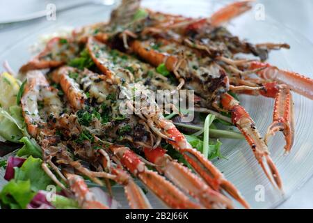 Particolare di scampi grigliati e lattuga selvatica alla Trattoria alla Maddalena, cibo raffinato e pasti sulle isole di Mazzorbo, Venezia, Italia Foto Stock