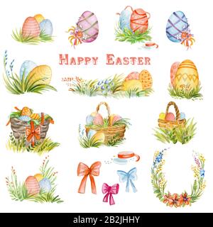 Illustrazione acquerello di elementi isolati di Pasqua - uova di Pasqua, cestino con uova, nastro, erba, arco. Colorato set di dettagli di Pasqua isolato su w Foto Stock