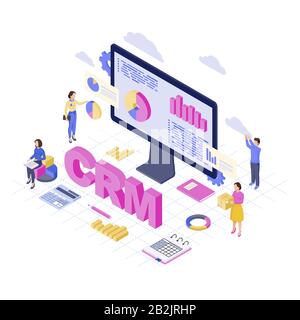 Software CRM, illustrazione vettoriale isometrica della piattaforma. Analisi e storage dei dati dei clienti. Concetto 3d del servizio di gestione delle relazioni con i clienti. Affari Illustrazione Vettoriale