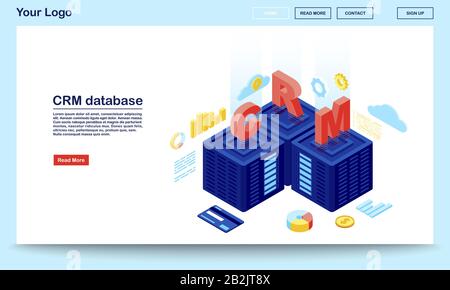 Database CRM e modello vettoriale isometrico della landing page del server. Dati dei clienti, statistiche di vendita, interfaccia del sito Web di archiviazione. Rapporto con il cliente Illustrazione Vettoriale