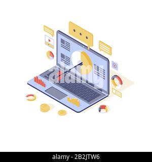 Illustrazione vettoriale isometrica di targeting e di marketing dei contenuti. Attrazione per il pubblico dei media, concetto 3d isolato per la generazione di lead. Marketing in entrata Illustrazione Vettoriale