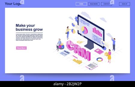 CRM per la crescita aziendale modello vettoriale isometrico landing page. Analisi dei dati dei clienti, statistiche di marketing. Sito Web dedicato all'automazione della gestione dei clienti Illustrazione Vettoriale