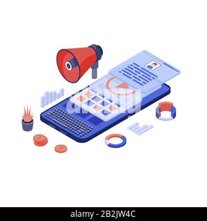 Marketing mobile, contenuto pubblicitario illustrazione vettoriale isometrica. Contenuti coinvolgenti, testi SEO. Copywriting e promozione online. Pubblicità Illustrazione Vettoriale