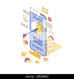 Illustrazione vettoriale isometrica della pubblicità target. Concetto di 3d per il marketing digitale in entrata. SMM, media advertising. Attrazione e lead del cliente Illustrazione Vettoriale