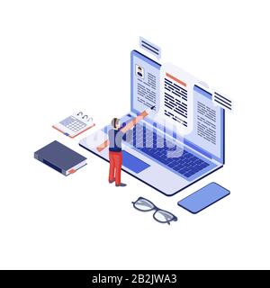Illustrazione vettoriale isometrica copywriting. Copywriter, autore di soddisfare che crea, articolo di blog di scrittura, saggio. Social media marketing, blogging 3d Illustrazione Vettoriale