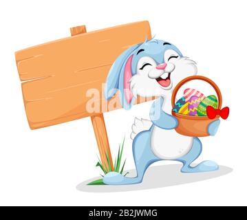 Il coniglio di Pasqua si trova vicino al segno di legno e contiene un cesto di uova. Divertente personaggio di cartone animato di coniglio di Pasqua. Immagine del vettore stock su sfondo bianco Illustrazione Vettoriale