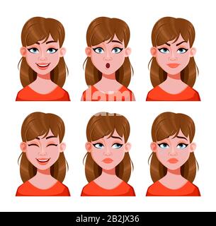 Espressioni del volto di bella donna. Set di emozioni diverse del personaggio femminile dei cartoni animati. Illustrazione vettoriale isolata su sfondo bianco. Illustrazione Vettoriale