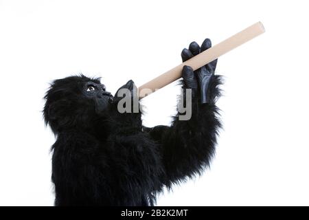 Giovane uomo in costume di gorilla con carta arrotolata su sfondo bianco Foto Stock