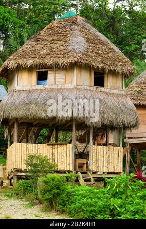 Una capanna di legno a due piani con un tetto conico in paglia si erge su palafitte in un lussureggiante giardino tropicale. Il piano superiore presenta pareti in legno con piccole finestre, una delle quali mostra un panno blu Foto Stock