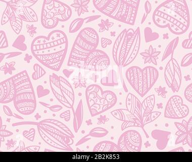Motivo rosa senza cuciture con cuori ornamentali, tulipani per l'imballaggio, carta, regali Illustrazione Vettoriale