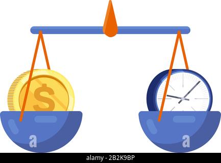 Orologio a forma di cartone animato e moneta di denaro oro sulle scale isolato su uno sfondo bianco. Il tempo è concetto di denaro. Illustrazione Vettoriale
