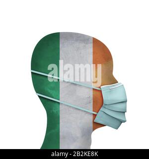 Irlanda sanità. Persona con maschera facciale protettiva. Rappresentazione 3D Foto Stock