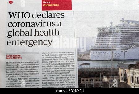 "Chi dichiara il coronavirus un'emergenza sanitaria globale" il 30 gennaio 2020 nell'articolo del quotidiano Guardian all'interno della pagina Foto Stock