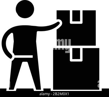 Imballaggio per lo spostamento dell'icona nera, illustrazione concettuale, simbolo piatto vettoriale, simbolo glifo. Illustrazione Vettoriale