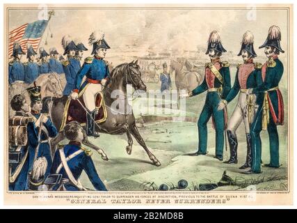 I messaggeri di Santa Anna che chiedono al generale Taylor di arrendersi, le sue forze a discrezione prima della battaglia di Buena Vista, 22 febbraio-23rd 1847, "il generale Taylor non rinuncia mai", stampano circa 1847 Foto Stock