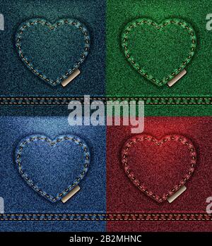 Jeans cuore biglietto di auguri collezione colore, tessuto tessuto tessuto denim, mi piace Valentine blu petrolio rosso vettore verde 4 carte individuali Foto Stock