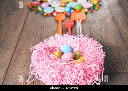 Biscotti colorati glassati allo zenzero, palline di cioccolato con guscio di zucchero e spatole di silicone. Fuoco selettivo di nido con uova e pasta fatta in casa di casta Foto Stock