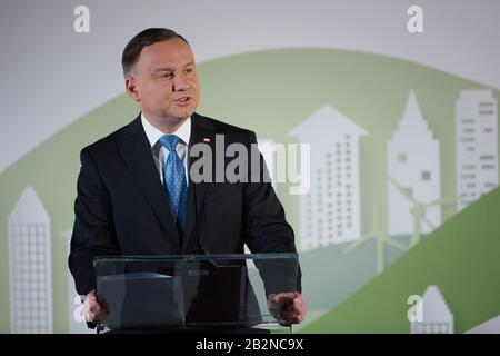 Varsavia, Mazovian, Polonia. 3rd Mar, 2020. Partecipazione Del Presidente Della Polonia Andrzej Duda E Del Presidente Dell'Islanda Guoni Th. Johannesson In Occasione Della Conferenza Di Apertura Del Programma Ambiente, Energia E Cambiamento Climatico Nell'Ambito Della 3rd Edizione Dei Fondi Norvegesi E See In Poland.in La Foto: Andrzej Duda Credit: Hubert Mathis/Zuma Wire/Alamy Live News Foto Stock