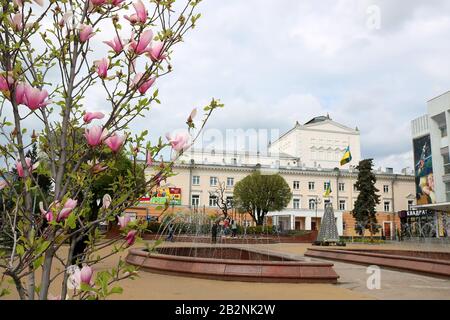 Vinnytsia, UCRAINA - 29 APRILE 2019: Fiori di magnolia sullo sfondo del teatro in piazza Teatralna Foto Stock