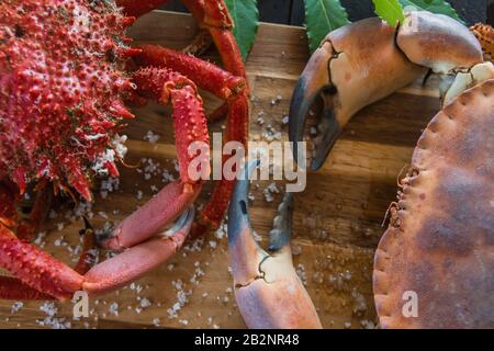 Granchio marrone bollito e granchio ragno nella tavola di legno della cucina, deliziosa preparazione di pesce Foto Stock