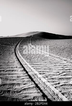 Vista astratta in bianco e nero delle tracce di Tiro attraverso il deserto,