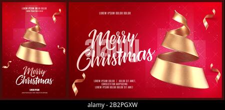 Carta di Natale o volantino e poster modello con albero di natale dorato fatto di nastro Illustrazione Vettoriale