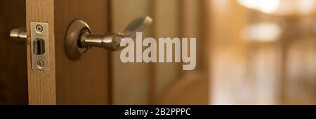 Porta con maniglia cromata nella sala soleggiata Foto Stock