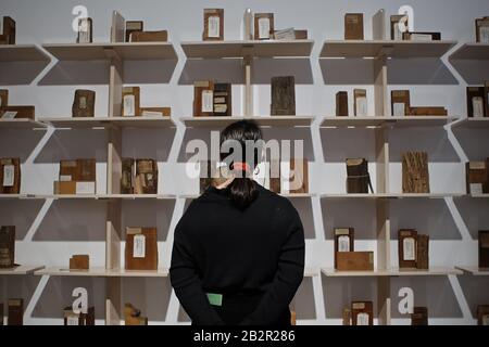 Formafantasma Cambio . La grande mostra di design esplora il legno e le dinamiche globali dell'industria del legno . Lo spettacolo pionieristico collega scienza , conservazione , ingegneria e politica , indaga su come il design possa plasmare un futuro migliore . Cambio di Formfantasma è una nuova mostra di design radicale sul legno. La mostra riunisce film, oggetti, manufatti e campioni, tra cui mobili appositamente progettati realizzati da un unico albero abbattuto durante le tempeste in Val de Fiemme in Italia , campioni di legno prestato da istituzioni di tutto il mondo , Dai Giardini Botanici reali a Kew e altri. Foto Stock