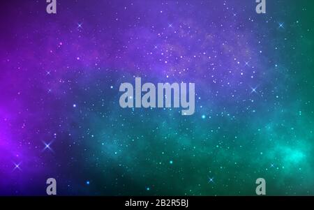 Sfondo spaziale con stelle ardenti e brillanti. Cosmo colorato con galassia realistica e nebulosa. Carta da parati stellata. Modo lattiginoso e luminoso. Vettore Illustrazione Vettoriale