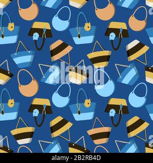 Colorato motivo estivo senza cuciture con borse da spiaggia estate in stile piatto isolato su sfondo blu.Vector cute viaggio handbag stampa. Illustrazione Vettoriale