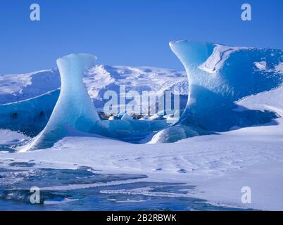 Laguna glaciale Joekulsarlon, completamente congelato in inverno 2002, storico foto, blocchi di ghiaccio coprire la laguna, Islanda Foto Stock
