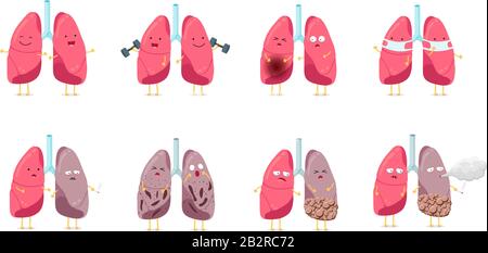 Triste malato malsano e sano forte felice sorridente carino polmone set di caratteri. Anatomia umana sistema respiratorio interno organo divertente cartoon raccolta. Illustrazione mascotte vettoriale Illustrazione Vettoriale