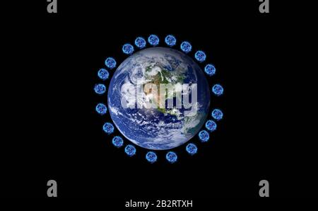 La terra sotto attacco di coronavirus covid-19. La terra del pianeta circondata dal concetto di particelle di coronavirus Foto Stock