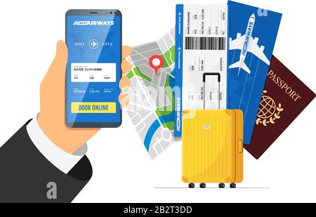 Concetto di servizio di prenotazione di voli online. Smartphone con custodia a mano e app mobile per ordinare il biglietto aereo di fronte al bagaglio e al passaporto. Illustrazione piatta vettoriale per applicazioni da viaggio Illustrazione Vettoriale