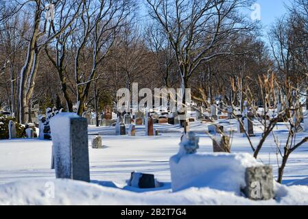 Montreal Quebec Canada 1 marzo 2020: Old Cemetery con pietre coperte di neve sulla bella giornata di sole, Mount Royal Cemetery Foto Stock