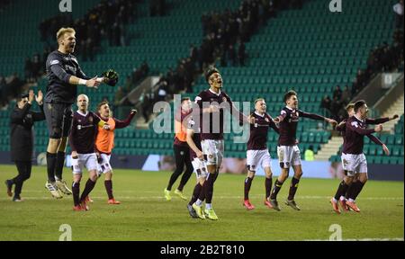 Easter Road Stadium, Edimburgo, Scozia. UK .3rd 20 marzo. Scottish Premiership match Hibernian vs Hearts Hearts Celebrations dopo 3-1 vittoria su Hibs Credit: Eric mccowat/Alamy Live News Foto Stock