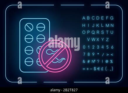 Icona della luce al neon di controllo delle nascite. Pillole contraccettive femminili. Prevenzione non pianificata della gravidanza. Aiuto per la sindrome di Predstrual. Segno incandescente con alfabeto Illustrazione Vettoriale