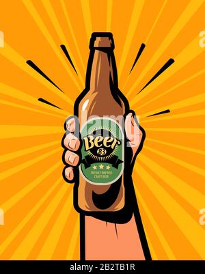 Bottiglia di birra in mano. Pop art retro comic, poster vettoriale illustrazione Illustrazione Vettoriale