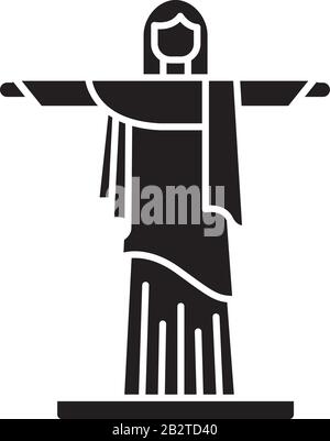 Icona glifo nero del Cristo Redentore. Scultura brasiliana. Cristo Redentor. Statua di Rio de Janeiro. Famoso punto di riferimento. Cristianesimo. Simbolo di silhouette acceso Illustrazione Vettoriale