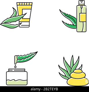 Set di icone di colore verde Aloe vera. Crema a base di piante. Spray per capelli. Succo idratante di erbe medicinali. Trattamento Spa. Lozione e crema. Cosmetica Illustrazione Vettoriale