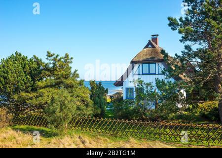 Casa Con Tetto Di Paglia, Aussenenendeichs, Vitte, Island Hiddensee, Mecklenburg-Pomerania Occidentale, Germania Foto Stock