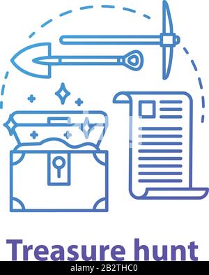 Icona concetto caccia al tesoro. Spedizione Arheologica. Ricerca storica. Ricerca e scavo di antico petto antico. Contorno RGB isolato da vettore Illustrazione Vettoriale