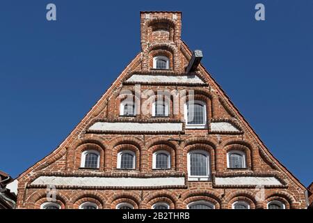 Storico timpano nel centro storico, Lueneburg, Bassa Sassonia, Germania Foto Stock