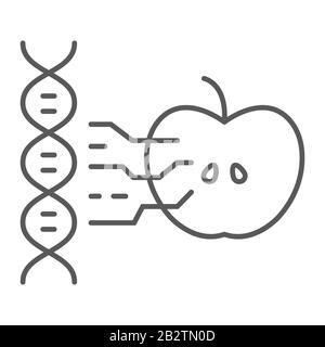 Biologia di sintesi sottile linea icona, tecnologia e genetica, dna con segno di mela, grafica vettoriale, un modello lineare su sfondo bianco, eps 10. Illustrazione Vettoriale