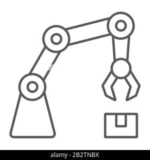 Icona di linea sottile del braccio robotizzato, tecnologia e macchina, segno meccanico del braccio, grafica vettoriale, un modello lineare su sfondo bianco, eps 10. Illustrazione Vettoriale
