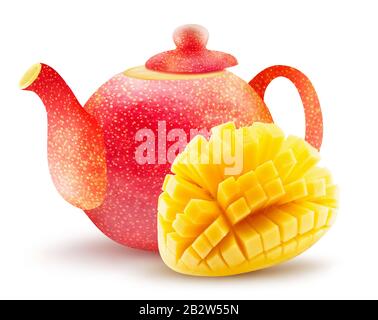 mango forma teapot con metà mango isolato su uno sfondo bianco. Foto Stock