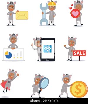 Set caratteri di asino femmina mangiare molto erba nella fattoria. Illustrazione Vettoriale