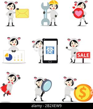 Set personaggio di donna che indossa costume di pecora nei suoi figli festa di compleanno. Illustrazione Vettoriale